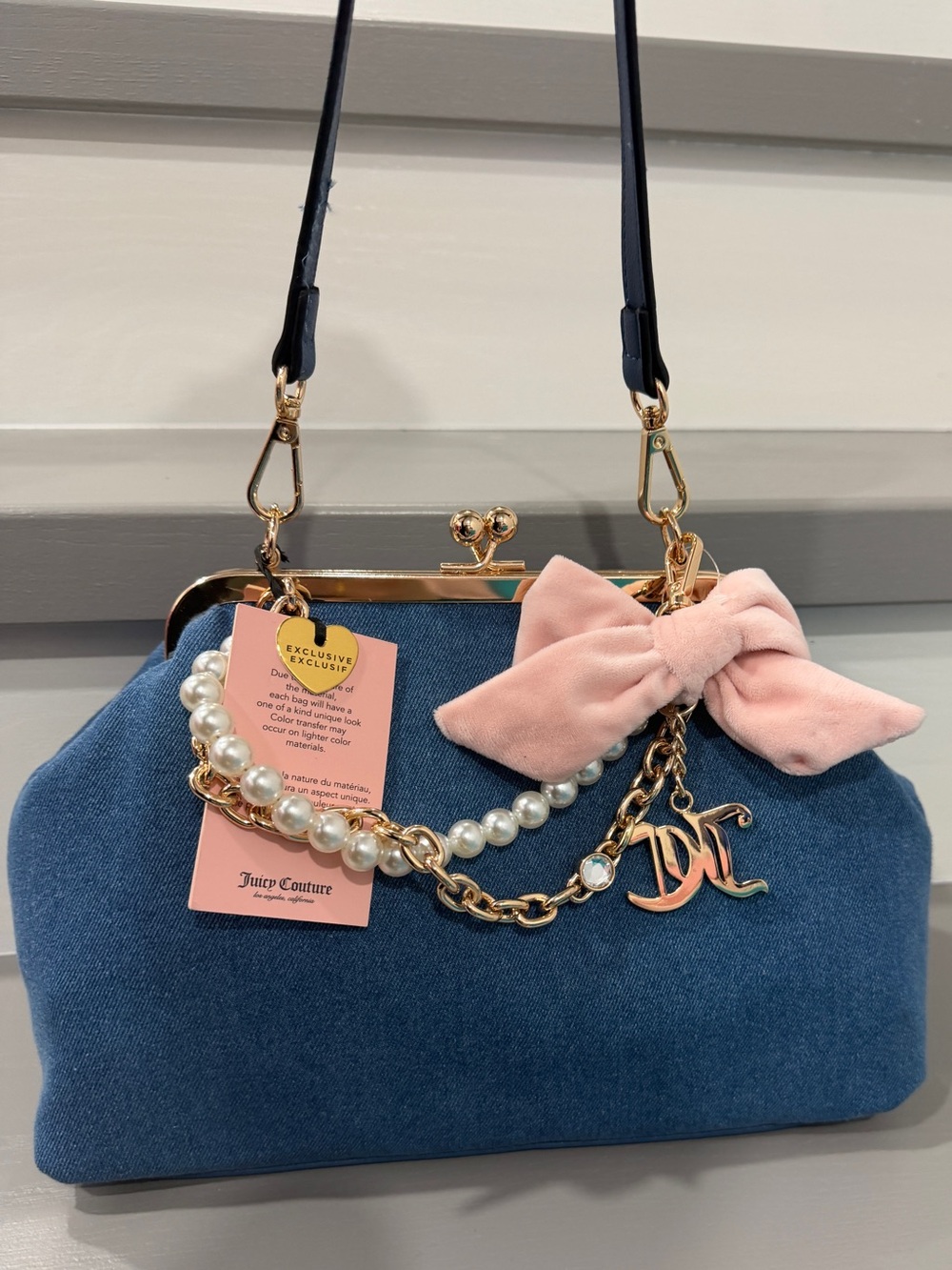 Juicy Couture Denim Blue Velvet Clutch with Pink Velvet Bow & Pearl Shoulder Bag